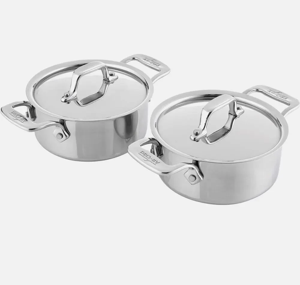 Two ALL CLAD Stainless Steel 1/2 QT. Cocotte with Lids. New. Lifetime Warranty